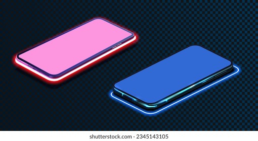 Mobile phone with neon light trail isolated on dark transparent background. Decorated with neon blue and pink tones. Realistic cartoon, presentation of new product, software or application. Vector