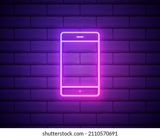 Mobile phone neon sign. Gadget glowing icon. Vector illustration for design. Technology concept isolated on brick wall background.