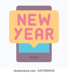 Mobile Phone New Year Text Vector Icon, Happy New Year Vector Icon, Smartphone Vector Icon. Flat Style Isolated Vector Icon. 