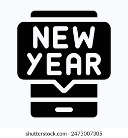 Mobile Phone New Year Text Vector Icon, Happy New Year Vector Icon, Smartphone Vector Icon. 