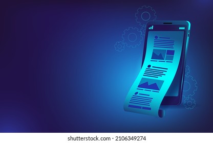 Mobile phone with news feed. Vector illustration on the topic of promotion in social networks and creation of interesting content. Template for a horizontal banner or poster.