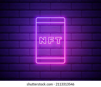 Mobile phone with NFT neon sign. Gadget glowing icon. Vector illustration for design. Technology concept isolated on brick wall.