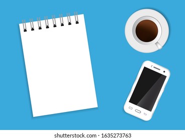 mobile phone and notebook on blue background
