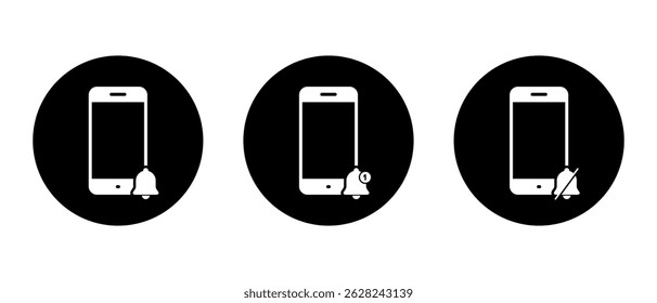 Teléfono móvil con el icono de la campana de notificación fijado en el círculo negro. Símbolo de señal de alarma del teléfono móvil