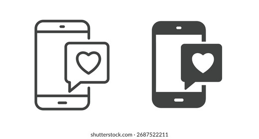 Mobile Phone Notification with Heart Message Icon. Line and glyph solid icon