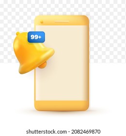 mobile phone with notification message bell cute icon alert and alarm on transparent background