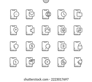 Mobile phone notifications. Alarm clock. Application. Pixel Perfect Vector Thin Line Icons. Simple Minimal Pictogram