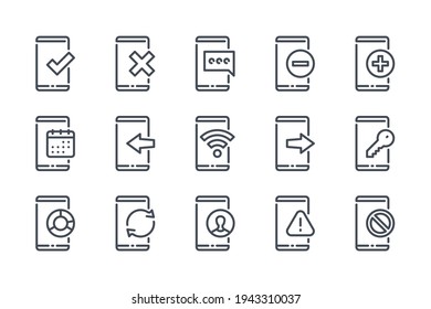 Mobile phone notifications and settings line icon set. Smartphone options and preferences linear icons. Mobile navigation and application outline vector sign collection.