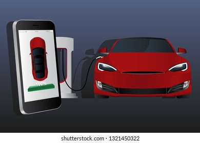 Mobile phone on a background of charging electric car. On a device screen indicator of power reserve. Vector illustration