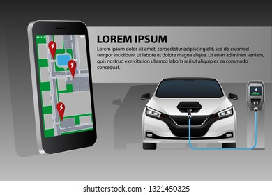Mobile phone on the background of a charging electric car. On the screen is a map with the location of the charging stations. Vector illustration