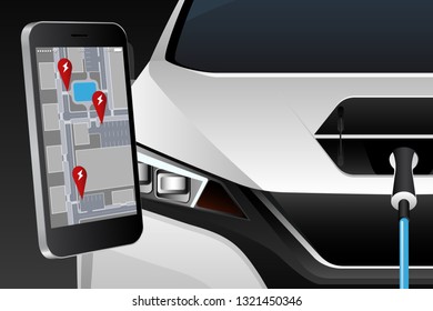 Mobile phone on the background of a charging electric car. On the screen is a map with the location of the charging stations. Vector illustration
