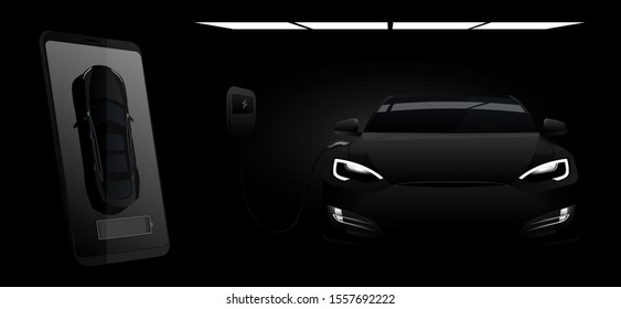 Mobile phone on a background of charging electric car in the dark. On a device screen indicator of power reserve. Vector illustration