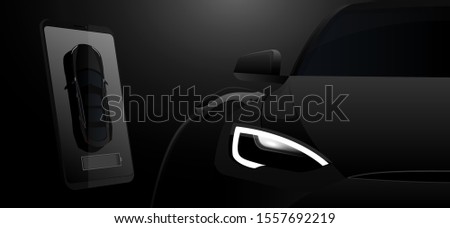 Mobile phone on a background of charging electric car in the dark. On a device screen indicator of power reserve. Vector illustration