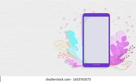 Mobile phone on a background of light wooden boards in a frame of bright exotic leaves. Banner for advertising, website, internet and social networks.