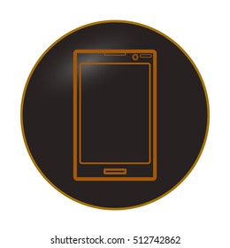 Mobile phone on a black background in the form of a circle with an orange outline. Icon phone gadget business theme. Vector illustration