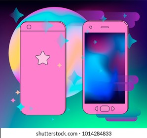 Mobile phone on cosmic background with stars, nebula, planet.