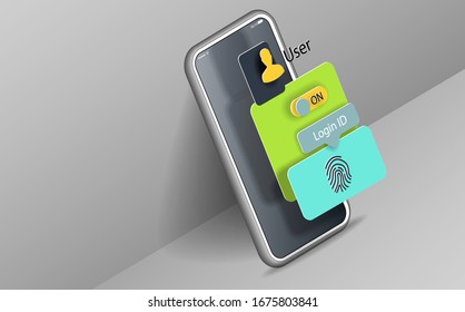 Teléfono móvil en el escritorio con una interfaz de usuario para iniciar sesión en el panel administrador del sitio web. Banner vectorial