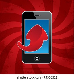 Mobile phone on dynamic background, upload data concept, vector illustration