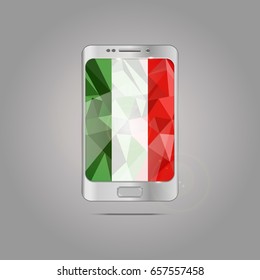 Mobile phone on grey background with Italy flag
