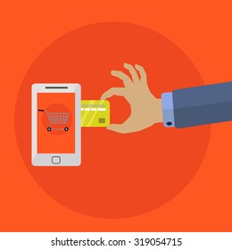 Mobile phone on line shopping with credit card vector concept