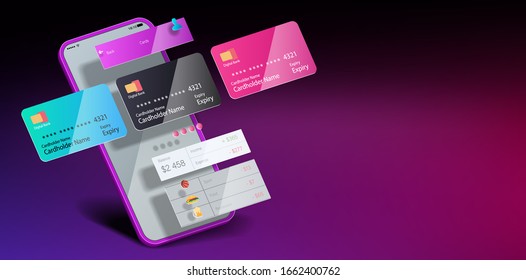 Mobile phone on a purple background with an Internet banking interface in space. Vector banner