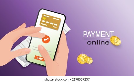 A mobile phone, on the screen of which there is a bank card and a PAY button, in female hands, a check, gold coins and an inscription PAYMENT online on a purple background. Mobile payment concept.
