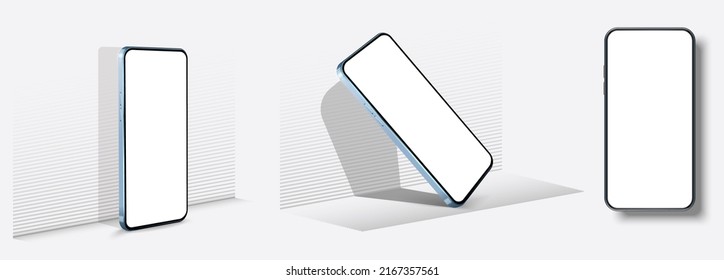 Teléfono móvil en el fondo de la pared para mostrar o publicitar el producto. Teléfono móvil 3D realista en posición rotada, plantilla de dispositivo moderno de teléfono móvil en blanco sin marco. Ilustración del vector