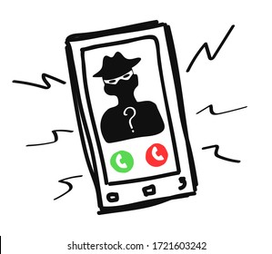 Mobile phone on a white background. Scammer's call. Vector illustration.