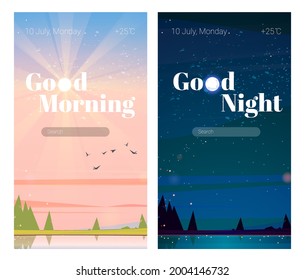 Mobile phone onboard screens, good night and good morning pages with nature landscape, date and temperature, search browser, vidget background, application template. Cartoon user interface design