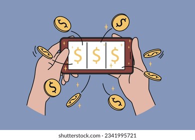 Mobile phone with online casino in hands of man, winning jackpot and big cash prize on website with slot machine. Gambling in smartphone with financial lottery or casino to test luck.