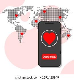 mobile phone online dating app and world map with hearts markers