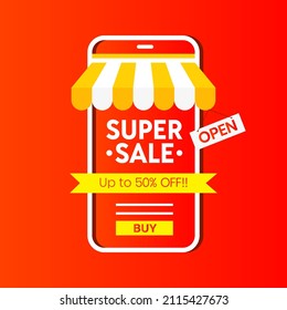 Mobile phone online shopping 50% discount super sale banner template. Digital app marketing E-commerce concept. Red orange background.