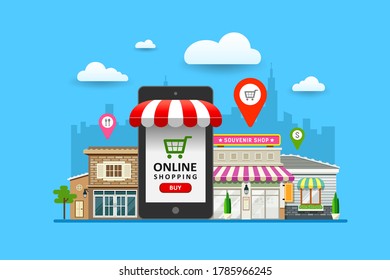 Mobile phone online shopping sale with building landmark concept design background, vector illustration