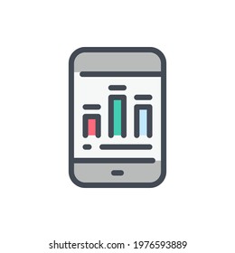 Mobile phone with online statistics and analytics color line icon. Smartphone with chart vector outline colorful sign.