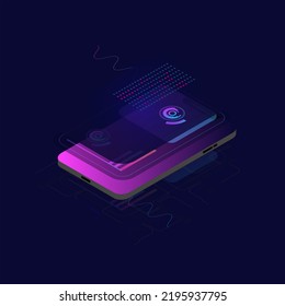 Mobile phone with online statistics and data analytics. Digital money market, investment, finance and trade. Ideal for web design, banners and presentations. Isometric vector illustration.