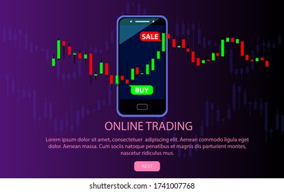Mobile phone online trading illustration. Check mark green and red colors