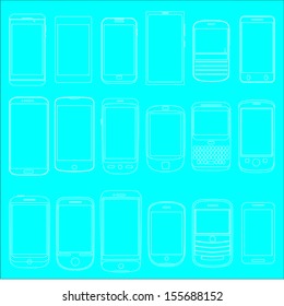Mobile Phone Outlines on Blueprint as Vectors Set