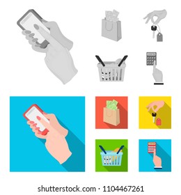 Mobile phone, a package with money and other web icon in monochrome,flat style. a key in hand, a basket with food icons in set collection.