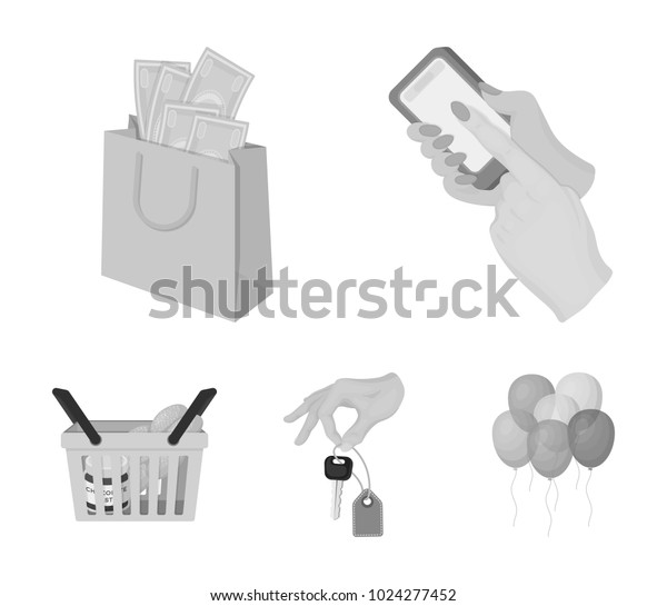 Mobile phone, a package with money and other\
web icon in monochrome style. a key in hand, a basket with food\
icons in set\
collection.