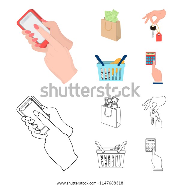 Mobile phone, a package with money and other\
web icon in cartoon,outline style. a key in hand, a basket with\
food icons in set\
collection.