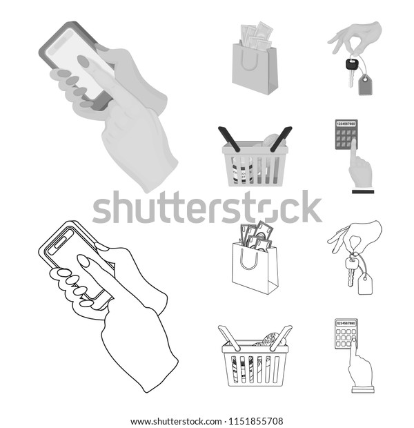 Mobile phone, a package with money and\
other web icon in outline,monochrome style. a key in hand, a basket\
with food icons in set\
collection.