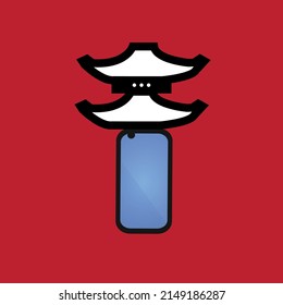Mobile phone with pagoda on red background