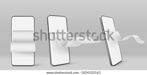 Mobile phone\
with paper financial bill in front and angle view. Concept of\
online payment, digital invoice and paycheck. Vector realistic\
mockup of smartphone with blank check\
tape