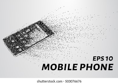Mobile phone of the particles. The smartphone consists of circles and points. The silhouette of the phone shatters into small pieces.
