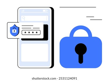 A mobile phone with a password entry screen and a large padlock symbolizes online security. Ideal for mobile safety, online privacy, cybersecurity, data protection, and secure login concepts. Flat