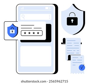 Mobile phone with password input security shield and secure document. Ideal for cybersecurity encryption safe browsing password protection and data protection. Simple modern vector style