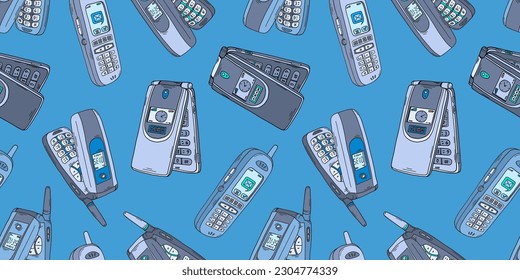 Mobile phone pattern. 2000s cellphones set. Y2k trendy illustration. Cellular phone retro technology. Retro background. Nostalgia for the 90s and 2000s.