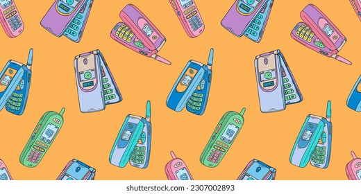 Mobile phone pattern. 2000s cellphones set. Y2k trendy illustration. Cellular phone retro technology. Retro background. Nostalgia for the 90s and 2000s.