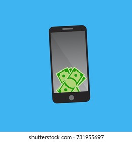 Mobile phone payment concept. Dollars on smart phone screen. mobile transaction or donation.