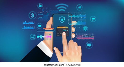 Mobile phone payment concept with NFS technologies. High payment security. Wireless cash transaction technology. Smartphone in hand with futuristic interface. Vector illustration NFS in HUD style